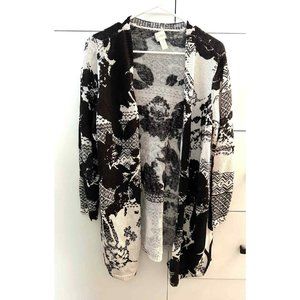 Chico's Abstract Floral Patterned Black White Duster Cardigan Open Face Linen